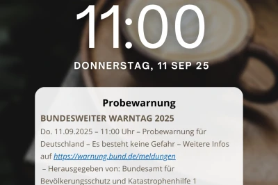 Waarschuwing voor een proefalarm om 11:00 op 11 september 2026.