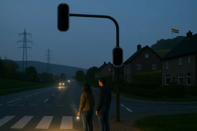 Twee personen staan op een zebrapad bij een weg in de schemering met zaklampen.