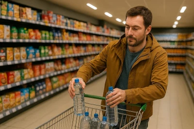 Een man met een bruin jack voegt flessen water toe aan een winkelwagentje in de supermarkt.
