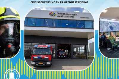 Podcast-afbeelding met logo, brandweer en een gebouw van de Veiligheidsregio Zuid-Limburg.
