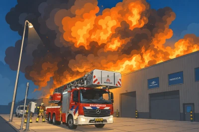 Brandweerwagen onder een grote rook- en vlammenlucht bij een gebouw.