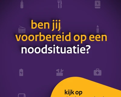 Paarse achtergrond met tekst over voorbereiding op noodsituaties en een website.
