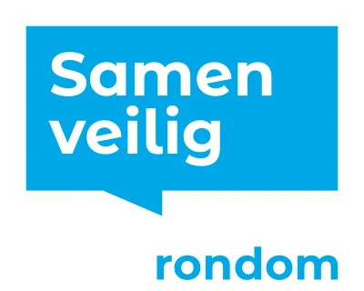 Blauw logo met de tekst "Samen veilig rondom Chemelot" in witte letters.
