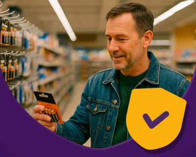 Een man in een winkel schaft batterijen aan voor zijn noodpakket