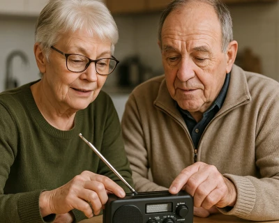 Een oudere vrouw en man luisteren aandachtig naar een radio op een houten tafel.