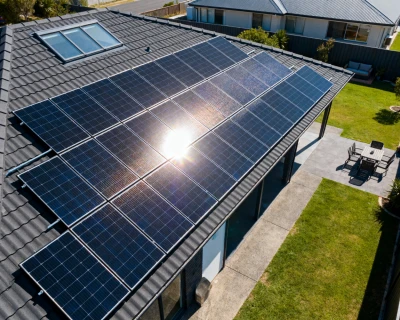 Zonnepanelen op een huis met een groene tuin en een betegeld terras.
