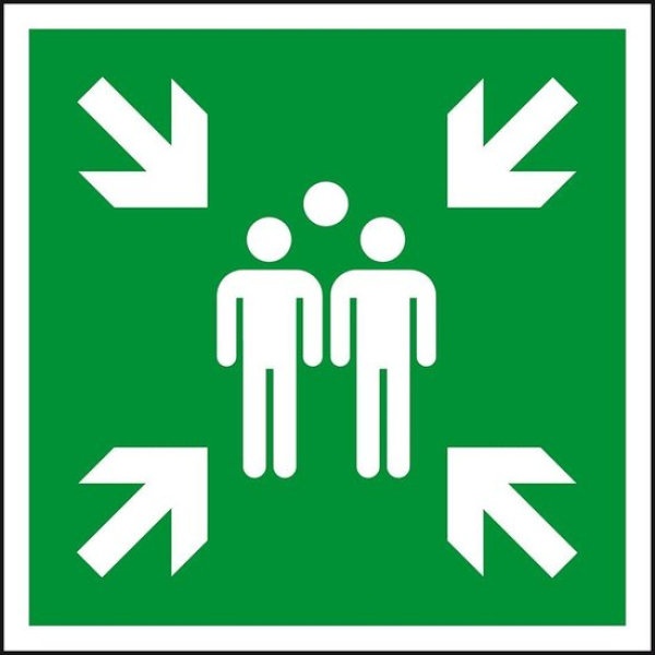 Verzamelplaatsbord met twee mensen en pijlen die naar het midden wijzen.