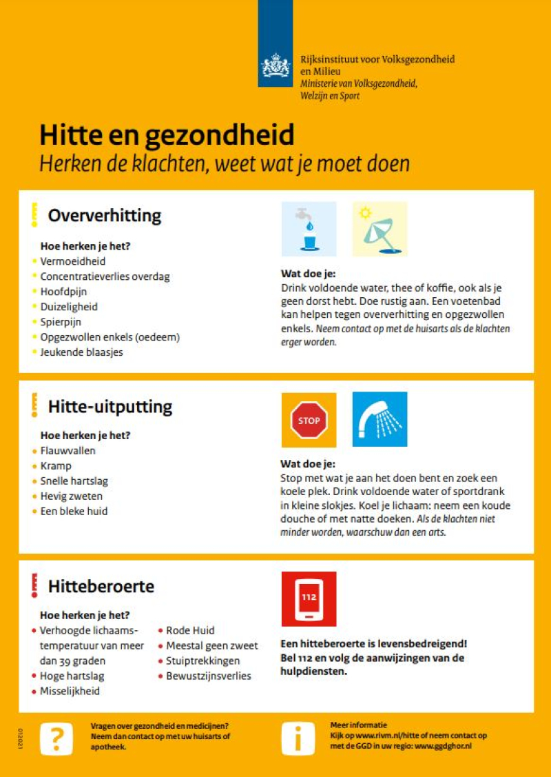 Informatiebord over hitte en gezondheid met tips en symptomen. Felizgeel achtergrond.